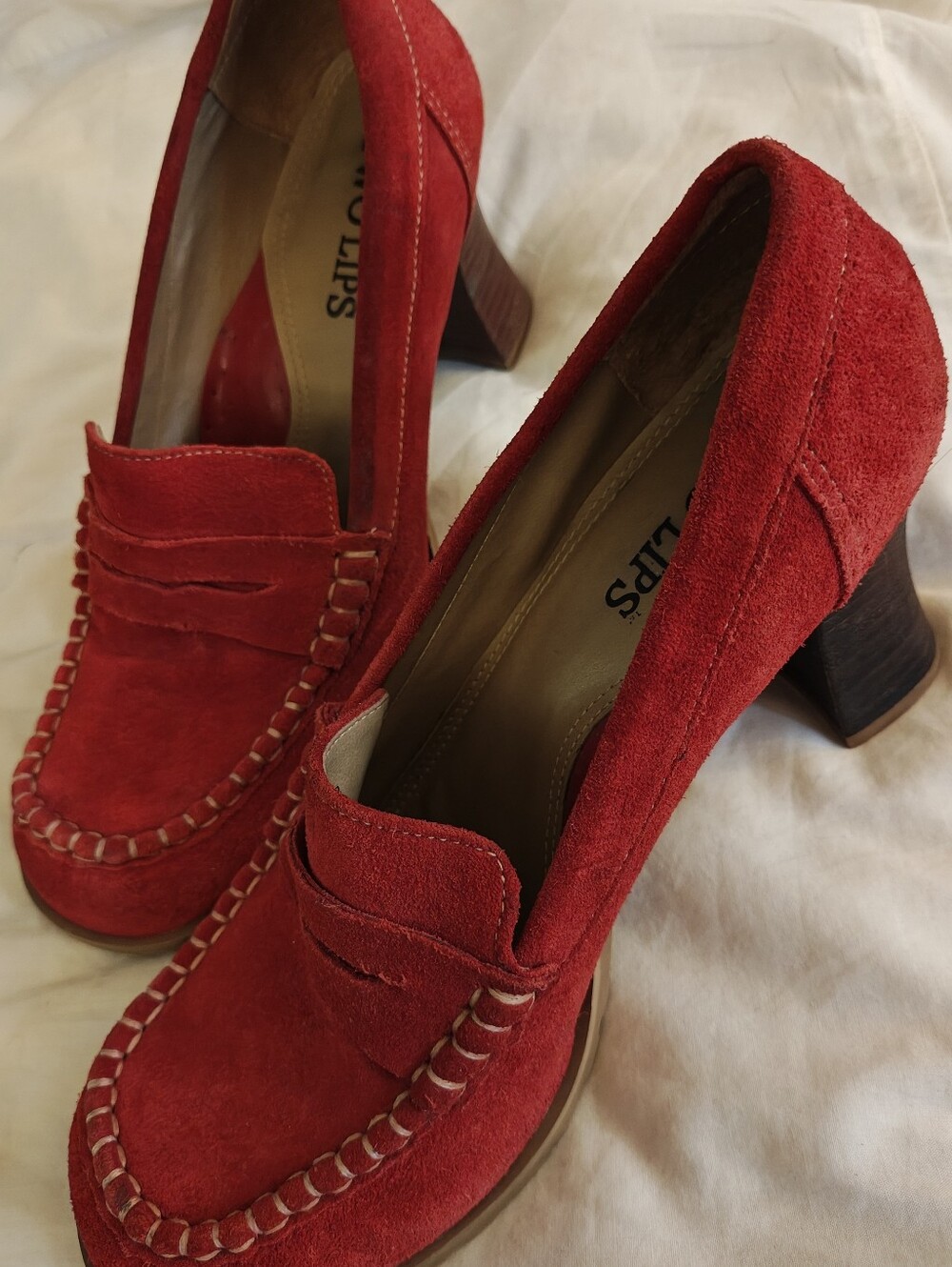 Vintage Two Lips Red Suede Block Heel Loafers - Size 8